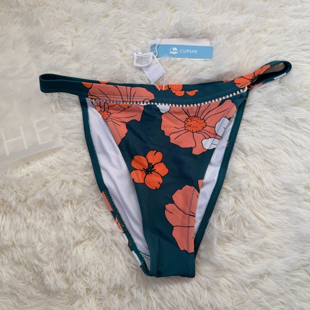 Cupshe Womens Floral Print Middle Cut Bikini Bottom Size S Teal Orange Swimwear